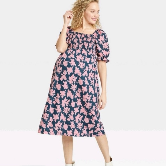 The Nines by HATCH Pink Floral Maternity Midi Dress - Picture 1 of 8